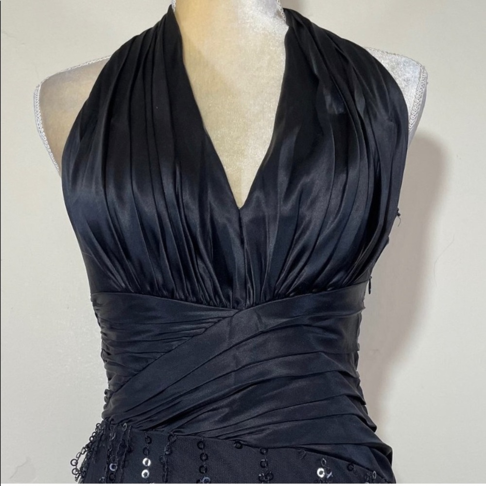 Tadashi Black Satin Halter Neck Fitted Waist Sequined Fringe Evening Gown XS